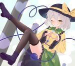  1girl absurdres black_hat blush boots bow brown_thighhighs buttons chinese_commentary collared_shirt commentary_request diamond_button eyeball floral_print frilled_shirt_collar frilled_skirt frilled_sleeves frills green_eyes green_skirt grey_hair grin hat hat_bow heart heart_hands heart_of_string highres komeiji_koishi long_sleeves looking_at_viewer medium_hair onbashira one_eye_closed print_skirt purple_boots rose_print shirt skirt smile solo thighhighs third_eye touhou wide_sleeves wrainman yellow_bow yellow_shirt 