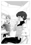  1980s_fashion 1boy 1girl chair closed_eyes commentary_request couple eating food four_murasame good_end gundam happy holding holding_food holding_ice_cream holding_ice_cream_cone ice_cream ice_cream_cone kamille_bidan looking_at_another monochrome sazannka scene_reference short_hair sitting table turtleneck wristband zeta_gundam zeta_gundam_define 