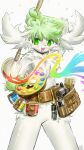 2025 :d anthro belt brush chest_tuft featureless_crotch fluffy front_view fur generation_4_pokemon green_hair hair half-length_portrait hi_res legendary_pokemon maimoonrabbit male mostly_nude nintendo open_mouth open_smile paint paintbrush pokemon pokemon_(species) portrait pouch_(clothing) shaymin short_hair sky_(chaotic_iak) sky_forme_shaymin smile solo tuft white_body white_fur