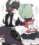  2girls absurdres animal_ear_hairband animal_ears black_dress black_hair blush cat_ear_hairband cat_ears closed_mouth colored_inner_hair commentary_request dress ellen_joe fake_animal_ears fins fish_tail frilled_dress frills from_behind green_hair hairband hayato_hoshi604 highres looking_at_viewer looking_back maid maid_headdress metal_hairband mole mole_under_eye motion_lines multicolored_hair multiple_girls official_alternate_costume red_bag red_eyes scar scar_on_tail shark_girl shark_tail short_hair simple_background speech_bubble spiked_headband sunna_(afternoon_tea_break)_(zenless_zone_zero) sunna_(zenless_zone_zero) sweat tail translation_request white_background white_wings winged_bag wings zenless_zone_zero 