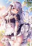  1girl :d apron bangs black_dress blurry blurry_background blush breasts building cleavage cloud commentary_request depth_of_field dress frilled_apron frills grey_hair hair_between_eyes hand_up long_hair looking_at_viewer medium_breasts mitsuba_choco original outdoors puffy_short_sleeves puffy_sleeves red_eyes short_sleeves smile solo sunset thighhighs tower twitter_username very_long_hair waist_apron white_apron white_thighhighs wrist_cuffs 