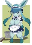  anthro big_breasts blue_body blue_eyes blush border breasts clothed clothing eeveelution female generation_4_pokemon glaceon green_background hi_res koorinezumi looking_at_viewer maid_uniform nintendo partially_clothed pokemon pokemon_(species) pokemorph raised_clothing shadow simple_background solo underwear underwear_down uniform video_games white_border 