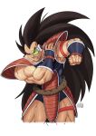  1boy absurdres armor brown_hair clenched_hand clenched_teeth cropped_legs dragon_ball dragon_ball_z frown hands_up highres long_hair male_focus monkey_tail muscular muscular_male pauldrons raditz saiyan saiyan_armor scouter shoulder_armor shoulder_tilt solo spiked_hair stretching tail tail_around_own_waist teeth thigh_strap tovio_rogers v-shaped_eyebrows very_long_hair widow's_peak 