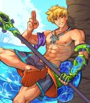  1boy abs absurdres armband bare_shoulders belt_pouch black_shorts blonde_hair brown_eyes clothes_around_waist collarbone earrings fingerless_gloves flip-flops gloves hair_down hardcorechewie4 highres holding holding_polearm holding_weapon jacket jacket_around_waist jewelry large_pectorals leaning_on_object male_swimwear multiple_necklaces muscular muscular_male necklace nipples official_alternate_costume overwatch palm_tree pectoral_cleavage pectorals pendant polearm pouch salute sandals shorts single_glove sketch sweat swimsuit topless_male tree turtle two-finger_salute very_sweaty water weapon wet wristband wuyang_(overwatch) wuyang_(poolside)_(overwatch) 