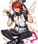  1girl ;d absurdres arknights artist_logo belt black_belt black_gloves black_pantyhose black_shoes black_skirt black_sleeves detached_wings energy_wings exusiai_(arknights) fingerless_gloves full_body gloves graysheartart gun hair_over_one_eye halo hands_up highres holding holding_gun holding_weapon indian_style jacket logo looking_at_viewer lower_teeth_only one_eye_closed open_mouth outline pantyhose raglan_sleeves red_hair shell_casing shoes short_hair short_sleeves simple_background sitting skirt smile sneakers solo sparkle submachine_gun teeth v w weapon white_background white_jacket white_outline wings yellow_eyes 