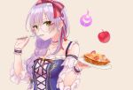  1girl apple braid earpiece food fruit glasses green_eyes heaven_burns_red highres holding holding_food holding_plate izumi_yuki_(heaven_burns_red) kurauchi_naya looking_at_viewer plate purple_hair simple_background 