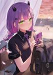  1girl absurdres cellphone green_eyes highres holding holding_phone hololive indoors looking_at_viewer mei_am0 phone pink_hair smartphone solo tokoyami_towa virtual_youtuber 