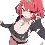  1girl artist_logo black_buruma black_sports_bra blush breasts buruma chest_jewel cleavage commentary_request detached_sleeves highres large_breasts logo looking_at_viewer minusk9 navel open_mouth pyra_(xenoblade) red_eyes red_hair short_hair simple_background skindentation smile solo sports_bra teeth tiara upper_teeth_only white_background xenoblade_chronicles_(series) xenoblade_chronicles_2 