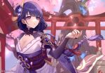  1girl architecture blunt_bangs blurry blurry_background blush braid breasts bridal_gauntlets cherry_blossoms cleavage clothing_cutout commentary east_asian_architecture falling_petals genshin_impact glowing hair_ornament hair_ribbon highres japanese_clothes kimono light_blush light_particles looking_to_the_side mano_(m1n0f2e1) mole mole_under_eye neck_ribbon off_shoulder outdoors petals purple_eyes purple_hair purple_kimono raiden_shogun red_ribbon red_sash ribbon sash shoulder_cutout single_braid solo tree upper_body 