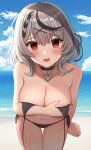  1girl :d @_@ absurdres arm_at_side bare_arms bare_shoulders beach bikini black_bikini black_hair blush braid breasts cleavage covering covering_breasts cowboy_shot day fang frilled_bikini frills grey_hair hair_ornament halterneck hand_up highres hisui_(user_zvkr2432) hololive large_breasts looking_at_viewer multicolored_hair outdoors parted_lips red_eyes sakamata_chloe short_hair side-tie_bikini_bottom smile solo streaked_hair sunlight swimsuit thigh_gap thighs untied untied_bikini virtual_youtuber water wet x_hair_ornament 