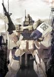  absurdres armored_skirt blurry blurry_foreground building city commentary dust earth_federation facing_viewer glowing glowing_eyes gun gundam gundam_08th_ms_team gundam_ez8 highres holding holding_gun holding_shield holding_weapon iofiny joints mecha mecha_focus mobile_suit mountainous_horizon no_humans no_pupils off_shoulder outdoors power_lines radio_antenna red_eyes robot robot_joints science_fiction shield standing submachine_gun utility_pole weapon 