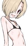  1girl bare_shoulders bikini black_bikini blonde_hair breasts commentary fangs hair_over_one_eye halulu highres idolmaster idolmaster_cinderella_girls looking_at_viewer navel one_eye_covered open_mouth red_eyes ribs shirasaka_koume short_hair simple_background small_breasts smile solo swimsuit tareme upper_body white_background 
