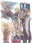  3boys 3girls animal_ears armor armored_boots ashelia_b'nargin_dalmasca balthier bare_shoulders basch_fon_ronsenburg beard black_boots black_leotard black_pantyhose blonde_hair blue_eyes blue_leotard boots border braid breasts brown_vest cleavage cleavage_cutout clenched_hands closed_mouth clothing_cutout cloud cloudy_sky commentary_request cropped_vest dark-skinned_female dark_skin dated detached_sleeves earrings facial_hair feet_out_of_frame final_fantasy final_fantasy_xii fingernails fran_(ff12) gold_trim grey_hair hand_on_own_chest hand_on_own_hip hand_on_own_neck highres jewelry leather_armor leotard long_fingernails long_hair medium_breasts midriff multiple_boys multiple_girls necklace niwawaka open_mouth pantyhose parted_bangs penelo pink_skirt ponytail rabbit_ears rabbit_girl red_vest scar scar_across_eyebrow scar_on_face sharp_fingernails shirt short_bangs short_hair shoulder_armor sidelocks skirt sky smile standing star_(sky) starry_sky stomach_cutout swept_bangs twin_braids vaan_(ff12) vest viera white_border white_shirt yellow_eyes 