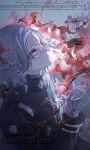  1boy aotsuki_eito black_jacket blood chinese_commentary commentary_request eyeliner flower glasses gloves grey_background grey_hair hand_up jacket last_defense_academy_school_uniform lofter_username looking_at_flowers makeup male_focus pandasiren parted_lips purple_eyes red_eyeliner red_flower sample_watermark school_uniform short_hair solo the_hundred_line_-last_defense_academy- upper_body watermark white_gloves white_jacket 
