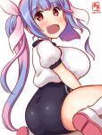  1girl alternate_costume artist_logo ass blue_buruma blue_hair breasts buruma cowboy_shot dated flower-shaped_pupils gym_shirt gym_uniform hair_ribbon i-19_(kancolle) kanon_(kurogane_knights) kantai_collection large_breasts looking_at_viewer one-hour_drawing_challenge open_mouth panties panties_under_buruma panty_peek ribbon school_swimsuit shirt short_sleeves simple_background smile swimsuit symbol-shaped_pupils underwear white_background white_shirt 