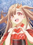  1girl absurdres aerial_fireworks animal_ears blonde_hair brown_eyes brown_hair cho_kaguya-hime! clothing_cutout colored_inner_hair commentary crescent crescent_hair_ornament fangs fireworks hair_ornament heart heart_hands highres japanese_clothes kaguya_(cho_kaguya-hime!) kimono long_hair looking_at_viewer macqueen7777 multicolored_hair open_mouth rabbit_ears rabbit_girl red_kimono shoulder_cutout solo teeth upper_teeth_only 