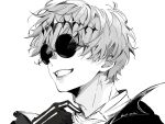  1boy adam's_apple character_request closed_mouth commentary_request gloves greyscale grin highres hrak_mumi male_focus monochrome round_eyewear short_hair simple_background smile solo twisted_wonderland twitter_username white_background 