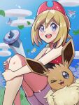  azelf bare_shoulders blonde_hair blue_eyes blush cloud day eevee glaceon highres inana_umi irida_(pokemon) leaf looking_at_viewer mesprit one_eye_closed open_mouth pokemon pokemon_(creature) pokemon_(game) pokemon_legends:_arceus sitting sky smile uxie 
