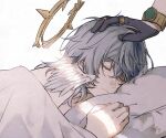  2boys aventurine_(honkai:_star_rail) black_gloves bracelet closed_eyes closed_mouth commentary eyelashes gloves grey_hair halo halo_downfall hand_on_another's_head head_wings highres honkai:_star_rail honkai_(series) jewelry male_focus multiple_boys multiple_rings out_of_frame parted_bangs pillow ring simple_background sleeping solo_focus sunday_(honkai:_star_rail) under_covers untranslatable_commentary white_background wings 