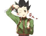  1boy backpack bag black_hair brown_eyes dojikko_pose gon_freecss hunter_x_hunter male_focus motion_lines one_eye_closed saba_miso solo spiked_hair tongue tongue_out upper_body 