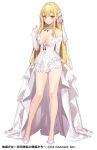 1girl armpit_crease bangs bare_legs blonde_hair breasts bridal_veil bride character_request cleavage collarbone commentary_request contrapposto copyright_request dress full_body grin highres large_breasts long_hair off_shoulder official_art pink_eyes popqn simple_background smile solo standing thighs veil very_long_hair white_background white_dress white_footwear 
