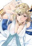  1girl ao-yume blush bracelet breasts circlet cleavage covered_nipples djeeta_(granblue_fantasy) foreshortening from_above granblue_fantasy highres jewelry no_bra panacea_(granblue_fantasy) revealing_clothes shawl short_hair sideboob simple_background smile solo white_background 