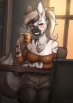  anthro breasts chest_tuft cleavage clothed clothing container cup equid equine female fur hi_res holding_cup holding_object kastoluza mammal shirt solo striped_body striped_fur stripes topwear tuft zebra 