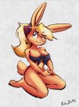  bandanna bottomless breasts bun_butts clothed clothing female freckles fur hair hi_res invalid_tag kerchief lagomorph leporid looking_at_viewer mammal orange_body orange_fur pinup pose rabbit simple_background smile solo suggestive 