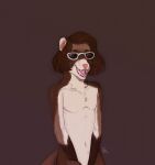 anthro brown_background brown_body brown_fur brown_hair brown_tail domestic_ferret eyewear famir_(artist) fangs front_view fur gloves_(marking) hair half-length_portrait hi_res male mammal markings mustela mustelid musteline navel nude obscured_eyes open_mouth pink_tongue portrait red_nose simple_background solo sunglasses tongue true_musteline whiskers white_body white_fur 