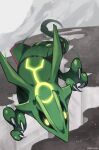  absurdres animal_focus artist_name black_sclera colored_sclera dragon flying full_body glowing glowing_eyes grey_background highres lucas_(mono_luca) mountain neon_trim no_humans outdoors pokemon pokemon_(creature) rayquaza river solo twitter_username watermark yellow_eyes 