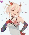  1girl :d absurdres arknights arm_tattoo breasts character_name china_dress chinese_clothes colored_skin confetti dragon_girl dragon_horns dress fangs folded_fan folding_fan hair_ornament hairpin hand_fan hand_on_hip happy_birthday highres holding holding_fan horns looking_at_viewer multicolored_hair nian_(arknights) nian_(unfettered_freedom)_(arknights) official_alternate_costume open_mouth pointy_ears ponytail red_hair red_skin selmer simple_background sleeveless sleeveless_dress small_breasts smile solo streaked_hair tattoo teeth upper_body upper_teeth white_background white_hair 