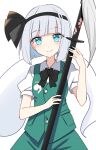  1girl bangs black_bow black_bowtie black_hairband bow bowtie closed_mouth e.o. ghost green_eyes green_skirt green_vest hairband highres holding holding_sword holding_weapon konpaku_youmu konpaku_youmu_(ghost) looking_at_viewer shirt short_sleeves skirt smile solo sword touhou upper_body vest weapon white_shirt 