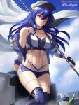  1girl abs absurdres bare_shoulders blue_hair choker fingerless_gloves flag gloves hair_between_eyes hat highres jacket long_hair looking_at_viewer navel open_clothes open_jacket original purple_eyes rabbit race_queen solo thigh_strap thighhighs toned vilde_loh_hocen 