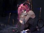  1girl blonde_hair camisole chain colored_inner_hair demon_girl demon_horns demon_tail flower funi_mu9 green_eyes highres hololive horns hugging_own_legs long_hair looking_at_viewer mano_aloe multicolored_hair off_shoulder pink_hair pointy_ears sitting solo tail virtual_youtuber 