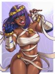  1girl alternate_costume bandages bangs blunt_bangs bob_cut breasts circlet contrapposto curvy dark-skinned_female dark_skin egyptian egyptian_clothes eyeshadow fingerless_gloves gloves green_eyes highres jewelry large_breasts linea_alba looking_at_viewer makeup menat mootium narrow_waist navel purple_hair purple_lips revealing_clothes short_hair skindentation smile solo street_fighter street_fighter_v thick_thighs thigh_gap thighs wide_hips 