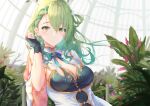  1girl absurdres antlers braid breasts ceres_fauna cleavage dress flower french_braid gloves green_hair greenhouse hair_flower hair_ornament highres hololive hololive_english leaf long_hair looking_at_viewer medium_breasts mole mole_under_eye plant smile solo upper_body virtual_youtuber yamipatoo yellow_eyes 