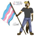  1:1 2022 absurd_res alpha_channel anthro blonde_hair bodypaint bottomwear brown_body brown_fur brown_markings canid canine canis clothed clothing denim denim_clothing digital_media_(artwork) domestic_dog english_text face_paint flag fully_clothed fur german_shepherd hair herding_dog hi_res hybrid jackson_(zer0rebel4) jeans lgbt_pride male mammal markings pants pastoral_dog paws politics pride_color_flag pride_colors purple_eyes shirt simple_background solo t-shirt tan_body tan_fur text topwear trans_(lore) trans_man_(lore) transgender_pride_colors transparent_background wolf zer0rebel4 