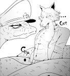  abs absurd_res anthro beastars canid canine canis clothed clothing duo female feral furry_bb greyscale hi_res legoshi_(beastars) male mammal monochrome muscular muscular_male open_clothing open_shirt open_topwear pecs rokume_(beastars) shirt topwear wolf 