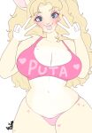  anthro big_breasts blep blonde_hair blush breasts cleavage clothed clothing female gesture hair hi_res lagomorph leporid mammal panties rabbit reina. solo tongue tongue_out underwear v_sign 