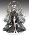  1girl bangs bare_legs black_dress black_footwear black_gloves braid breasts circlet cleavage covering_mouth d._(ddot2018) dress earrings full_body gloves grey_cloak grey_hair hair_between_eyes high_heels highres holding iron_saga jewelry large_breasts long_dress long_hair official_art red_eyes see-through single_braid solo thigh_strap tiara very_long_hair 