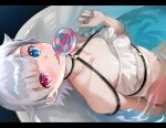  1girl amemiya_nazuna bangs bare_shoulders bathtub blue_eyes blunt_bangs blush bra candy choker fang flat_chest food frilled_bra frills grey_hair heterochromia highres holding holding_candy holding_food holding_lollipop letterboxed lollipop looking_at_viewer midriff nail_polish navel partially_submerged red_eyes shiny shiny_skin short_hair tongue underwear vshojo yoshikawa_hiro 