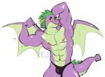  2021 abs anthro black_bottomwear black_clothing bottomwear bulge clothing dated dragon famir_(artist) fangs friendship_is_magic front_view green_body green_eyes green_wings hand_behind_head hi_res looking_at_viewer male membrane_(anatomy) membranous_wings mostly_nude mouth_closed muscular muscular_anthro muscular_male my_little_pony pecs portrait purple_body signature simple_background solo spike_(mlp) standing three-quarter_portrait white_background wings 