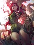  1girl backlighting batman_(series) blood blood_on_hands breasts dc_comics dress english_commentary from_below green_dress highres kael_ngu long_hair looking_down medium_breasts open_hands parted_lips poison_ivy realistic red_hair solo spikes tree 