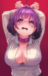  1girl angry arms_up bangs bdsm blush bob_cut bondage bound bound_wrists bra breasts buttons cleavage collar collarbone collared_shirt commentary embarrassed gradient gradient_background highres large_breasts long_sleeves looking_up nose_blush open_clothes open_mouth open_shirt original purple_bra purple_hair red_background rokuro_(pixiv_66472760) see-through shiny shiny_hair shirt short_hair sidelocks simple_background solo standing straight-on sweat tears teeth underwear upper_body v-shaped_eyebrows white_shirt 