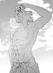  abs absurd_res anthro beastars bodily_fluids canid canine canis clothed clothing furry_bb greyscale hi_res legoshi_(beastars) male mammal monochrome muscular muscular_male pecs solo sweat topless wolf 