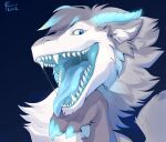  2022 ambiguous_gender anthro blue_background blue_claws blue_eyes blue_hair blue_horn blue_tongue bodily_fluids bust_portrait claws dated dragon famir_(artist) fangs fur furred_dragon glistening glistening_eyes glistening_tongue grey_body grey_fur grey_hair hair hi_res horn looking_at_viewer mouth_shot multicolored_hair open_mouth portrait pose pupils ridged_horn saliva saliva_string signature simple_background slit_pupils solo three-quarter_view tongue tongue_out two_tone_hair white_body white_fur 