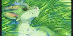  2022 2:1 absurd_res anthro black_sclera bust_portrait cheek_tuft chin_tuft dated dragon ear_piercing facial_tuft famir_(artist) famir_(character) front_view fur furred_dragon gauged_ear grass green_body hair hi_res horn lying male mouth_closed on_back piercing plant portrait short_hair signature solo tuft yellow_eyes yellow_horn 