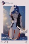  absurdres arms_behind_back bikini bird blue_eyes blue_hair blue_sky colored_inner_hair earrings floating_hair highres jewelry multicolored_hair ocean rim_(kamitsubaki_studio) short_hair sky smile suzukasuraimu swimsuit virtual_youtuber whistle 