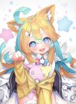  1girl :d amakawa_hano animal_ears aqua_hair bettle_(b_s_a_n) blonde_hair blue_eyes blush bow bowtie cat_ears collar hair_between_eyes hair_ornament hairclip heart heart-shaped_pupils highres jacket jacket_removed paw_pose re:act shooting_star_(symbol) smile solo star_(symbol) star_hair_ornament stuffed_toy symbol-shaped_pupils virtual_youtuber white_background 