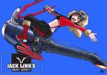  1girl black_pants blue_background boots brown_headwear butt_crack engine fur_trim goggles goggles_on_head holding jack_link&#039;s matsuda_miki open_hand open_mouth pants personification real_life red_footwear v-shaped_eyebrows waco_ato wheel yellow_eyes 